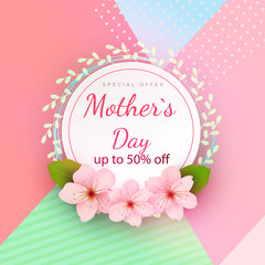 Mother s day card with beautiful blooming flowers on a gentle geometric background in pastel colors. Happy mother s day. Holiday sale. Vector