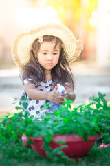 Fototapeta premium Close-up background view of a cute girl who is watering plants or growing vegetables for health,a crop cultivation program and business expansion