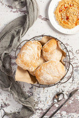 Basket with Italian ciabitalian bread, ciabatta, beautiful, diet, organic, flour, shell, rustic, scandy style, europe, wall, style, wallpaper, vintage, decoration, texture, art, design, old,atta bread