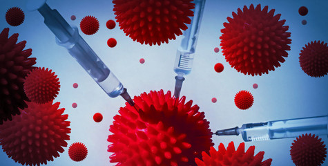 Coronavirus model and syringe with vaccine. Injection of a cure for the COVID-19 virus. Medical...