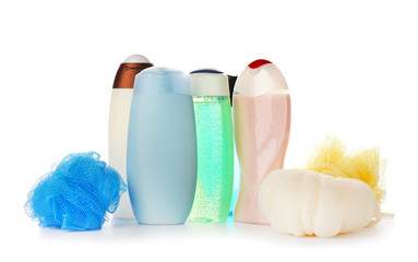 Shower gels on white background