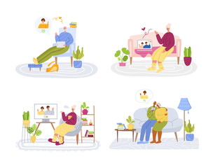 Elderly people and online communication - children or young relatives call grandparents, online chatting video call concept, social distance isolation and connection with devices vector illustration