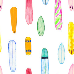 Hand drawn watercolor surfboards and skateboard in a seamless pattern, isolated on white background
