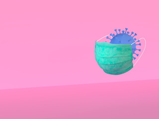 Ilustración en 3D de mascarilla quirúrgica con símbolo del virus Covid-19 en fondo rosa con espacio para texto
