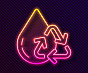 Glowing neon line Recycle clean aqua icon isolated on black background. Drop of water with sign recycling. Vector Illustration