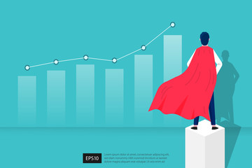 Young man in superhero costume representing power and courage design concept. Businessman ambition to be success in business. Vector graphic illustration