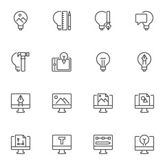 Creativity and design line icons set, outline vector symbol collection, linear style pictogram pack. Signs, logo illustration. Set includes icons as idea lamp, fountain pen, computer display, tablet