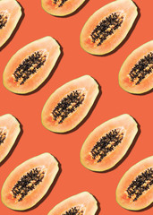 Fototapeta na wymiar Seamless pattern with papaya. Tropical abstract background. Top view. Creative design, minimal flat lay concept. Summer time. Tropical travel, exotic papaya fruit. Vegan and vegetarian food