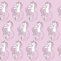Cute pink unicorn mermaid seamless pattern on a pink background for children