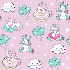 Obraz premium Vector illustrations with unicorns and clouds in kawaii style on a pink background seamless pattern