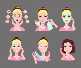 Face care. Problematic facial skin.Step by step care procedure. Well skin