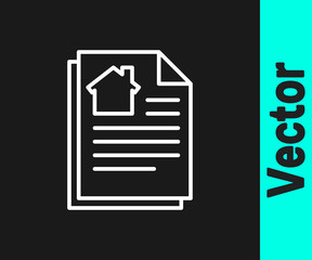 White line House contract icon isolated on black background. Contract creation service, document formation, application form composition. Vector Illustration