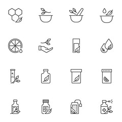 Alternative medicine line icons set, outline vector symbol collection, linear style pictogram pack. Signs, logo illustration. Set includes icons as treatment medication, natural vitamin, pestle mortar