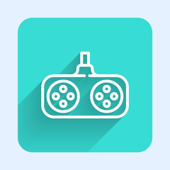 White line Gamepad icon isolated with long shadow. Game controller. Green square button. Vector Illustration
