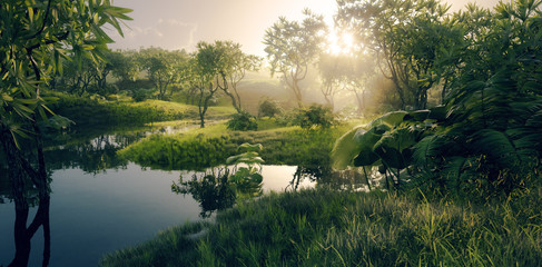 Fresh green paradise scenery - amazonian tropical rainforest environment with calm river in beautiful sunset light. 3d rendering.