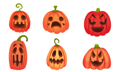 Spooky Pumpkin Smiley Isolated on White Background Vector Set