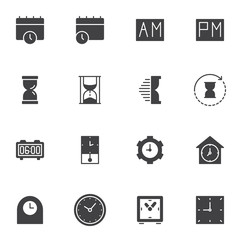 Time vector icons set, modern solid symbol collection, filled style pictogram pack. Signs, logo illustration. Set includes icons as calendar reminder, hourglass, clockwise arrow, alarm clock, watch