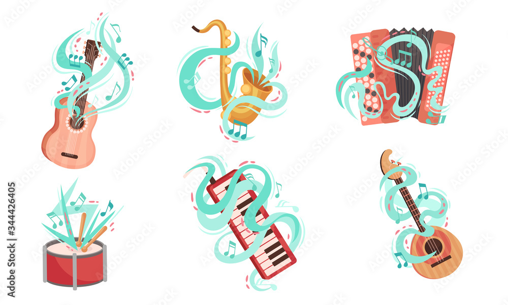 Poster musical stringed and wind instruments with decorative swirling lines vector set