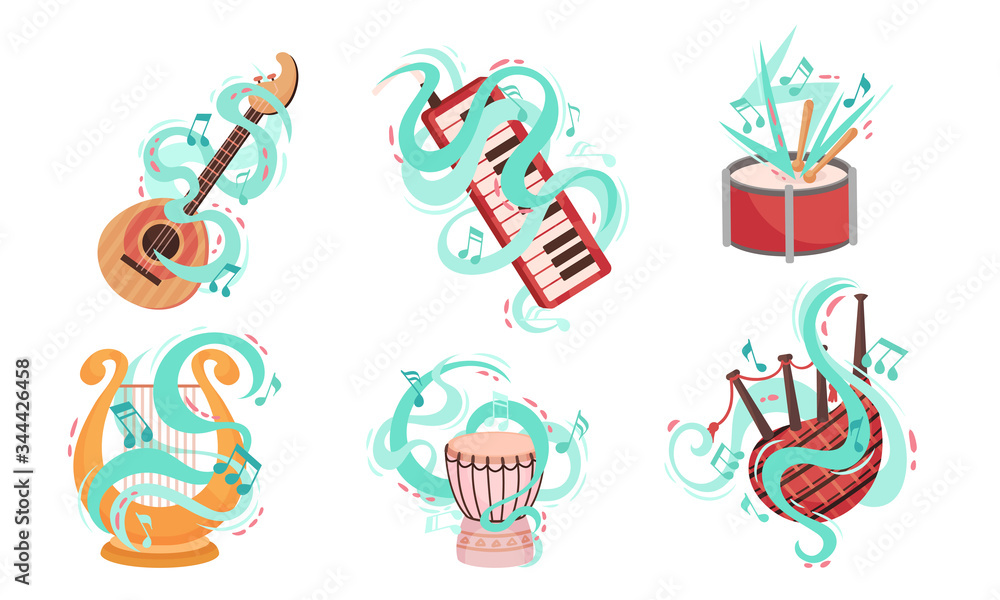 Poster musical stringed and wind instruments with decorative swirling lines vector set