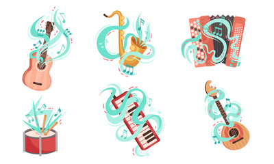 Musical Stringed and Wind Instruments with Decorative Swirling Lines Vector Set