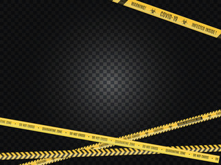 The intersecting yellow in a black strip warning fencing tape on white background. Biological hazard.