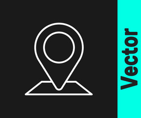 White line Map pin icon isolated on black background. Navigation, pointer, location, map, gps, direction, place, compass, search concept. Vector Illustration