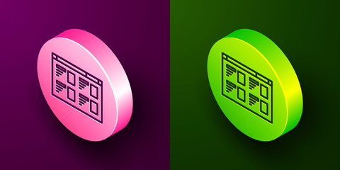 Isometric line Online play video icon isolated on purple and green background. Film strip with play sign. Circle button. Vector Illustration