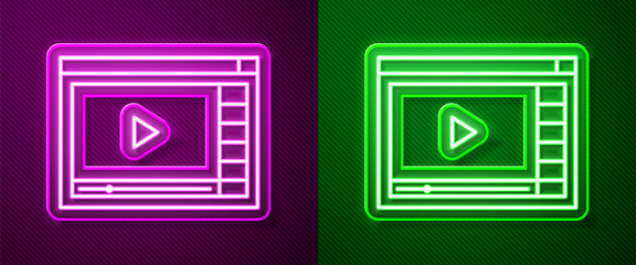 Glowing neon line Online play video icon isolated on purple and green background. Film strip with play sign. Vector Illustration