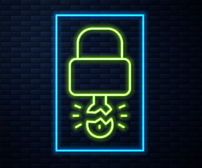 Glowing neon line Key broke inside of padlock icon isolated on brick wall background. Padlock sign. Security, safety, protection, privacy concept. Vector Illustration