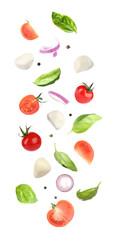 Mozzarella cheese, tomatoes, onion and basil leaves falling on white background