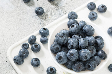 Blueberries in a white bowl on a light gray table. Blueberries close up with space for text