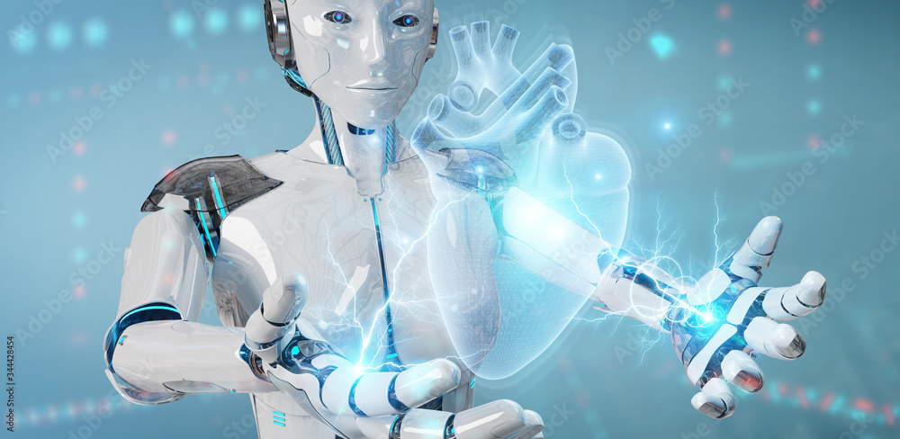 Poster Robot using digital x-ray of human heart holographic scan projection 3D rendering