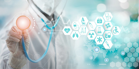 Health care and medical services concept with circular AR interface and female doctor using stethoscope.