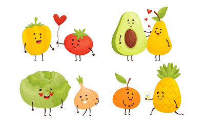 Happy Fruits and Vegetables Falling in Love with Each Other Vector Set