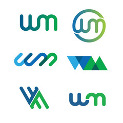 MW Letter Logo Design with Creative Modern Trendy Typography set. Geometric shaped WM artistic minimal blue and green color initial icon.