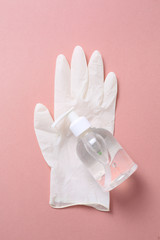 coronavirus concept,,Coronavirus prevention set, hand sanitizer gel, protective mask, gloves and thermometer