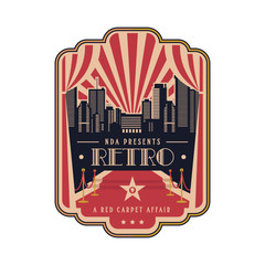 Red carpet logo icon. Ceremonial vip event. Sign for web page or mobile app. Cinema award. Stage with curtain.