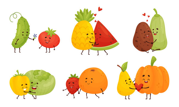 Happy Fruits and Vegetables Falling in Love with Each Other Vector Set
