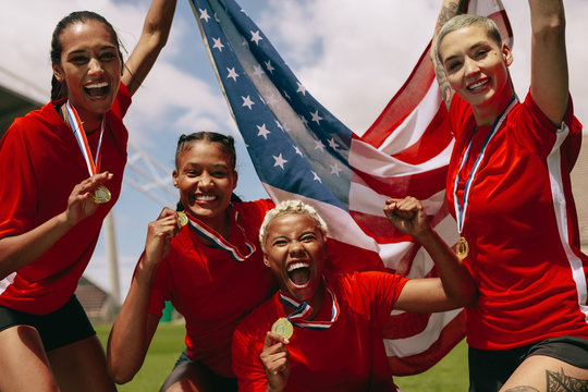 American Woman Soccer Team Celebrating Championship Victory.