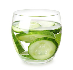 Glass of cucumber infused water on white background