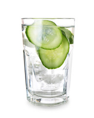 Glass of cucumber infused water on white background