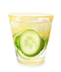 Glass of cucumber infused water on white background