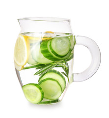 Jug of cucumber infused water on white background