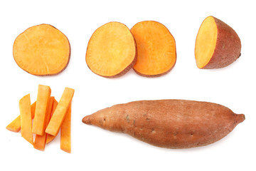 sliced sweet potatoes isolated on white background. top view