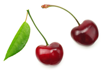 red cherry isolated on white background. Top view