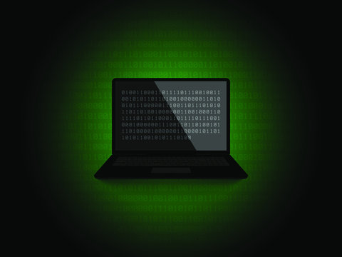 Laptop with binary code screen layout. Vector illustration.