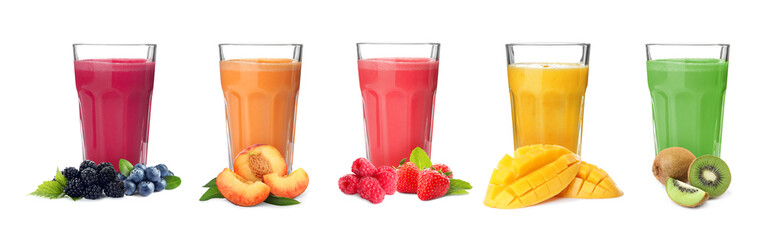 Different delicious smoothies in glasses on white background. Banner design