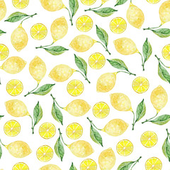 Lemon and leaves pattern. Watercolor seamless illustration. Perfect for packaging eco-friendly products, scrapbooking, eco-style party design, wrap