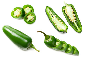sliced jalapeno peppers isolated on white background. Green chili pepper. Capsicum annuum. top view