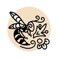 Hand drawn vector wasp. Doodle illustration with decorative elements on pale circle.